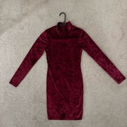 Burgundy Crushed Velvet Turtleneck Mini Dress - Size M