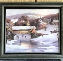 Framed Winterscape Oil Painting