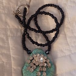 Vtg.Sterling silver Turquoise & Rhinestone & ONYZ  NECKLACE- 16 INCH