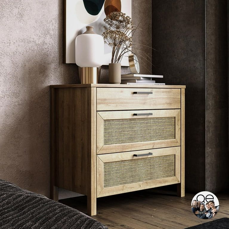 Set Of 2 Queer Eye Wimberly 3 Drawer Dresser, Natural with Faux Rattan, Brand New In The Boxes
