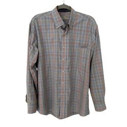 Alan Flusser Mens Blue/Pink Plaid Shirt Long Sleeve Button Up Shirt, Sz L.