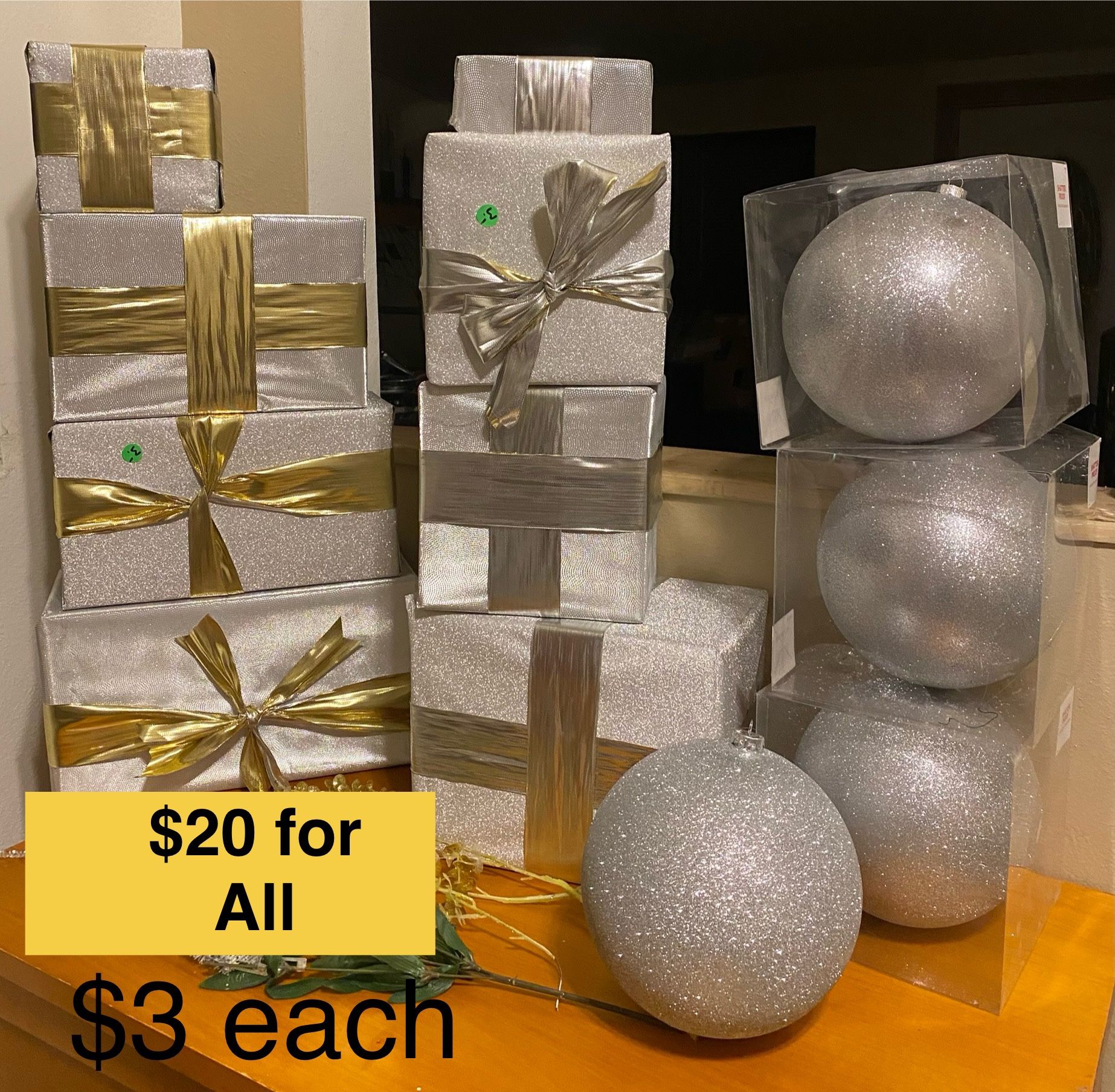Wedding Decor / Decorative Gift Boxes And Large Silver Balls