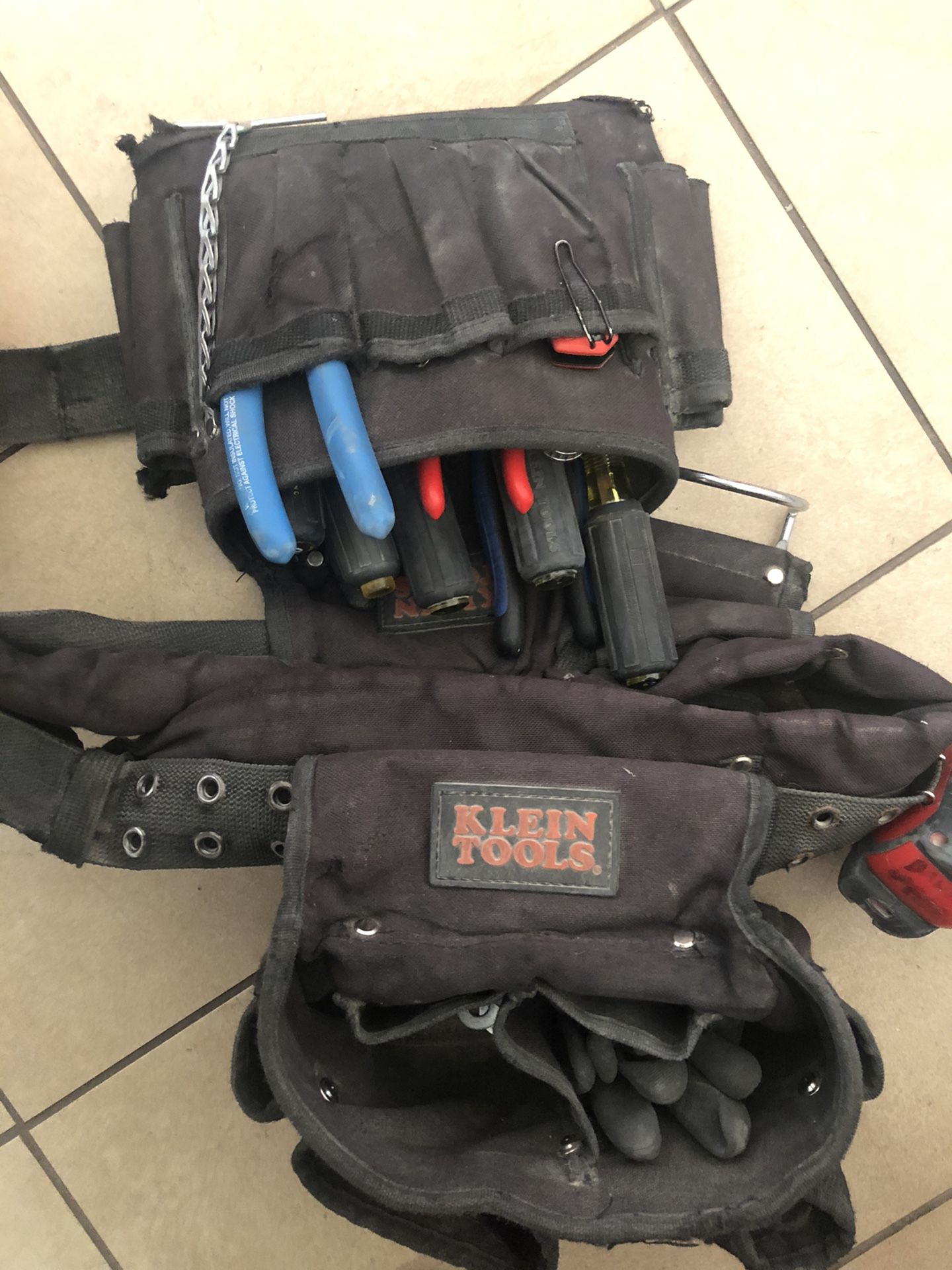 Klein tool belt with electrician hand tools