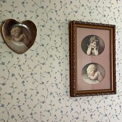 Precious Vintage Bessie Pease Gutmann Framed Angels Picture and Sweet Slumber porcelain heart plate