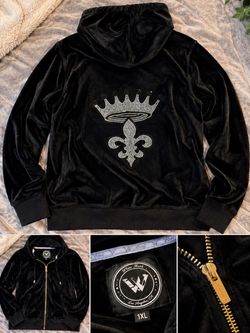 White Mark Black Velour Rhinestone Crown Zip-Up Hoodie 1XL