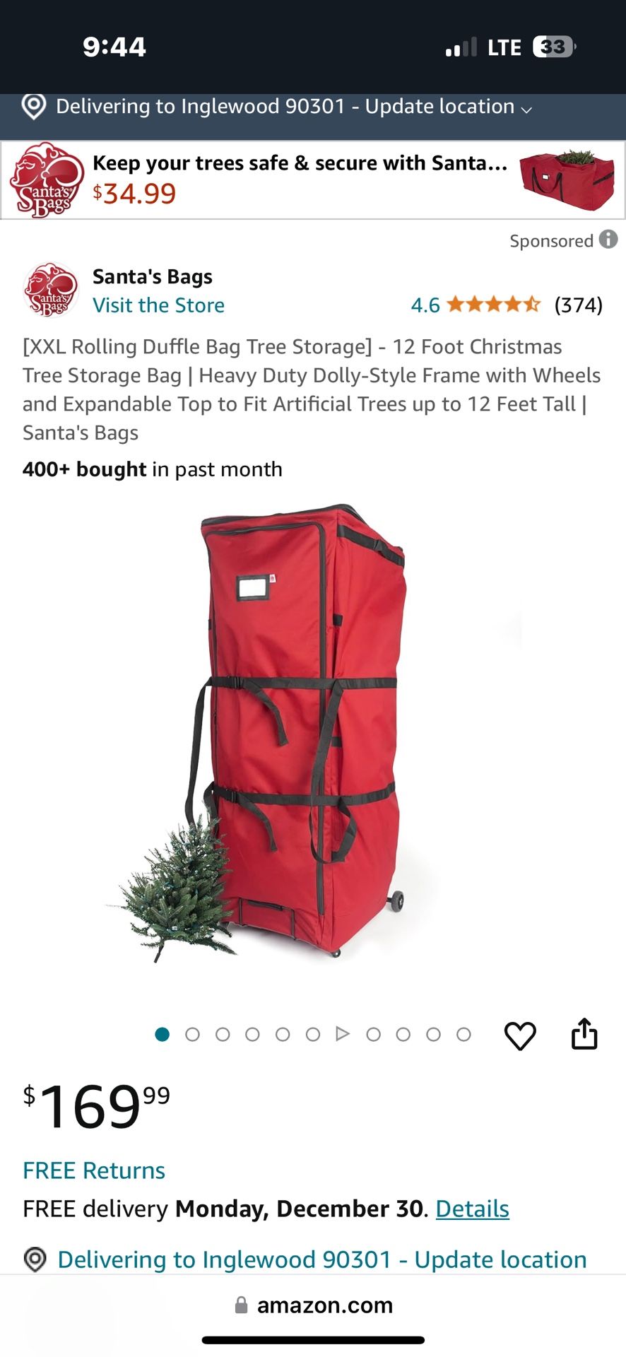 [XXL Rolling Duffle Bag Tree Storage] - 12 Foot Christmas Tree Storage Bag | Heavy Duty Dolly-Style