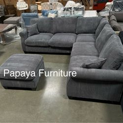 New Plush Dark Grey Sectional Sofa And Ottoman, Sectionals, Sofa, Couch, Grey Couch, Grey Sofa, L-Shaped Sofa, Plush Sectional Couch,Living Room Sofa.