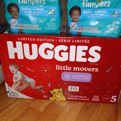 Brand New Case Of Huggies Little Movers Size 5 Comes With Pampers Wipes!