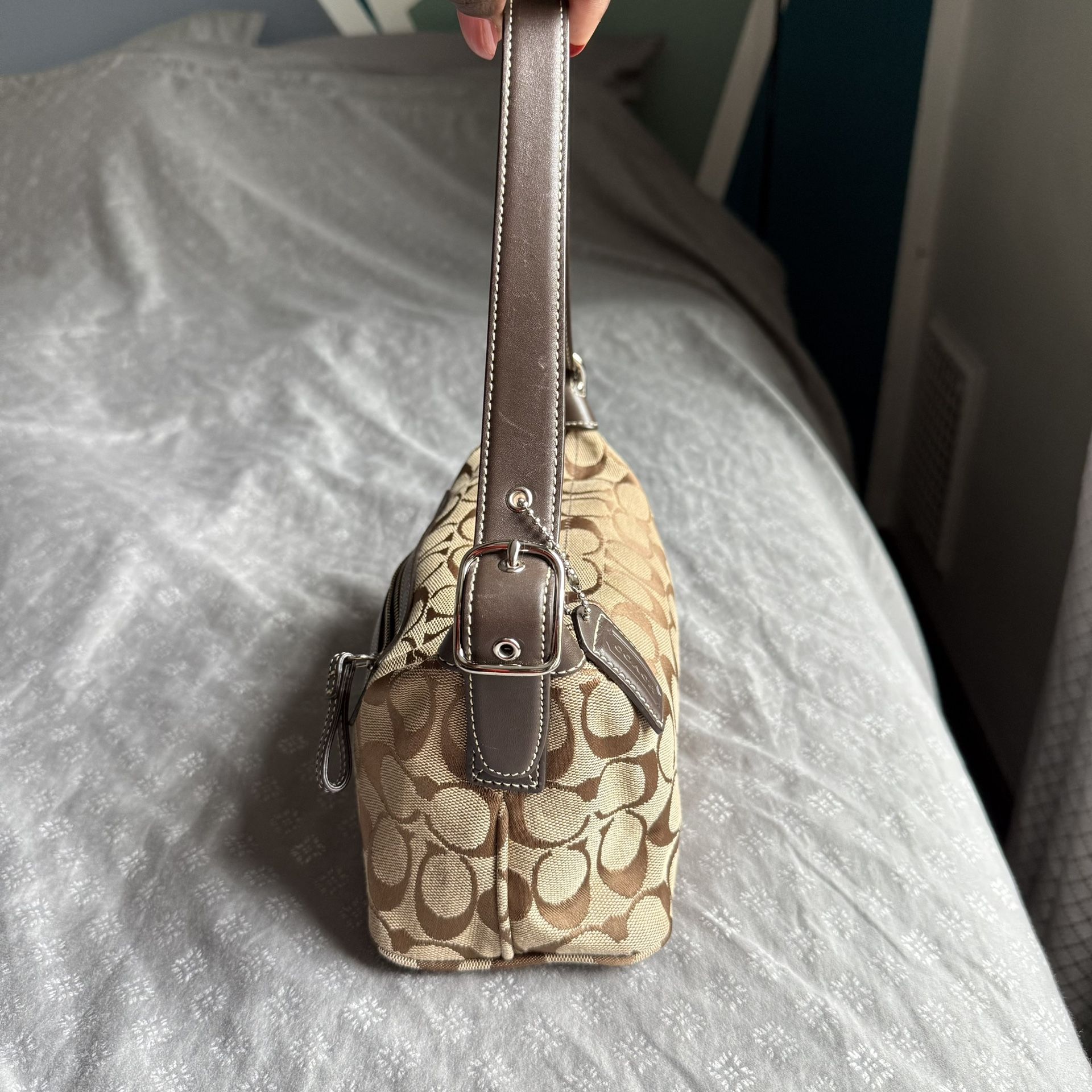 Coach Signature Jacquard Demi Shoulder Bag Brown Leather Trim