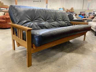 Wooden Futon Convertible Sofa with Black Leather Cushion