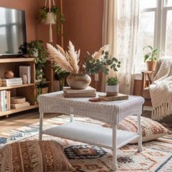 White Wicker Coffee Table with Shelf – Sturdy & Stylish