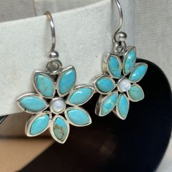 Barse 925 Turquoise and Moonstone Floral Dangle Earrings 