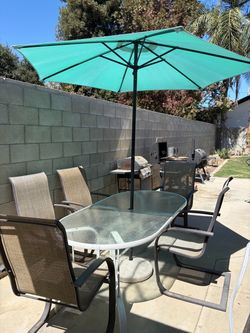 Patio Dining Set with Glass Table, 5 Chairs, and Umbrella with umbrella stand