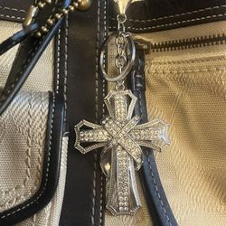 Silver Rhinestone Cross Keychain Handbag Charm Religious New In Pkg