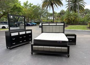 Modern 4-Piece Bedroom Set with Queen Bed, Dresser, Mirror, and Nightstand