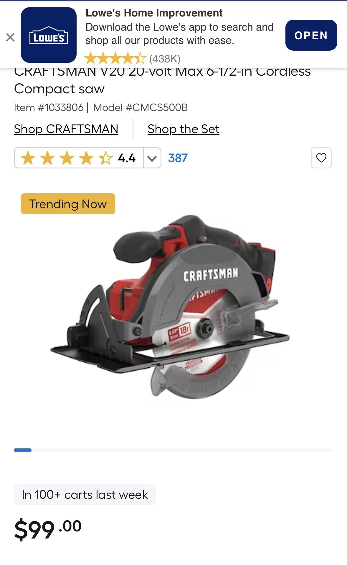 Craftsman V20 6 1/2 Inch Circular Saw NIB