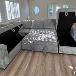 ✅️✅️4 pc Grey  corduroy fabric sectional sofa with storage chaise and love seat and pop up sleep area in center USB charging✅️✅️