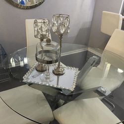 Candle Holder 20.00 Cake Holder 15.00 Glass Tray 10.00 Vase 20.00 With Flowers Coffee Table100.00