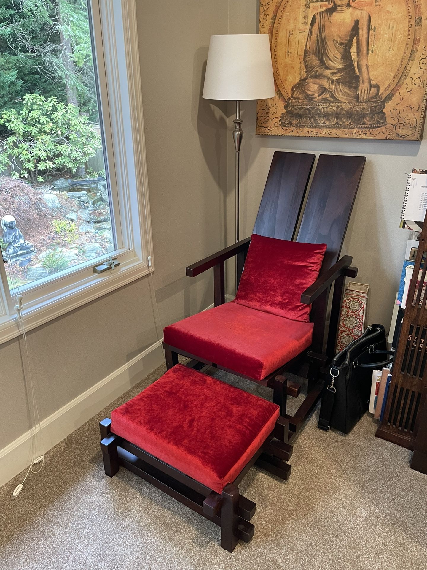 Handcrafted Antique Lounge Chair with Footrest – Woodwork & Velvet Red Cushions