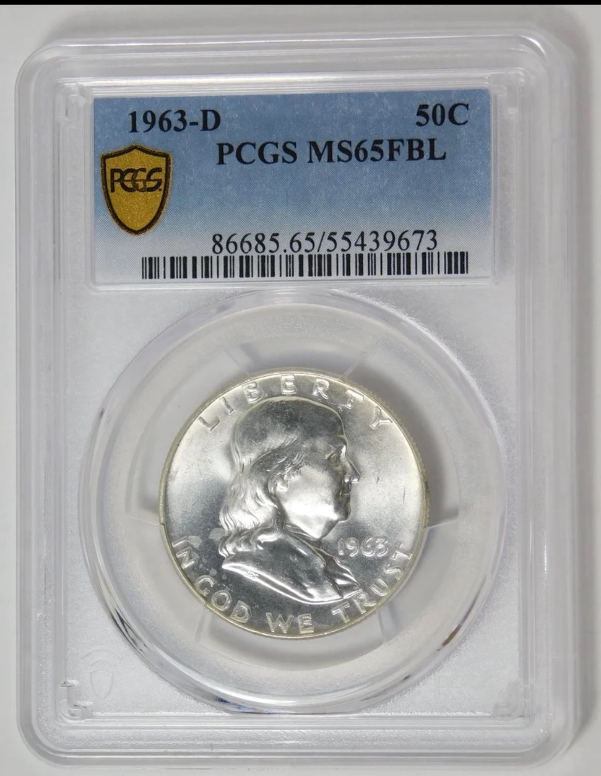 1963-D Silver Franklin Half Dollar "BRIGHT WHITE" PCGS MS-65 FBL
