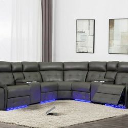 Brand New Grey Leather Power Reclining Sectional With Built In Cup Holders & Led Lights