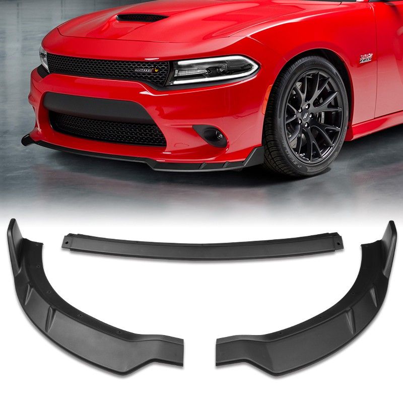For 2015-2021 Dodge Charger RA-Style Black Front Bumper Body Spoiler Lip 3pcs -(2-PU-531