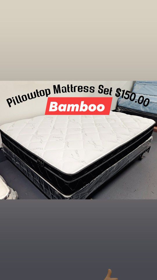 Bamboo Pillow Top Mattress And Box Spring Set TWIN FULL QUEEN CAL KING EASTERN KING CAMA BED 