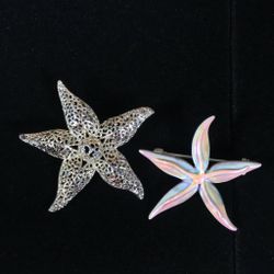 2 x Seastar Starfish Pin Metal Brooch Set Lot Filigree Iridescent Sealife Ocean
