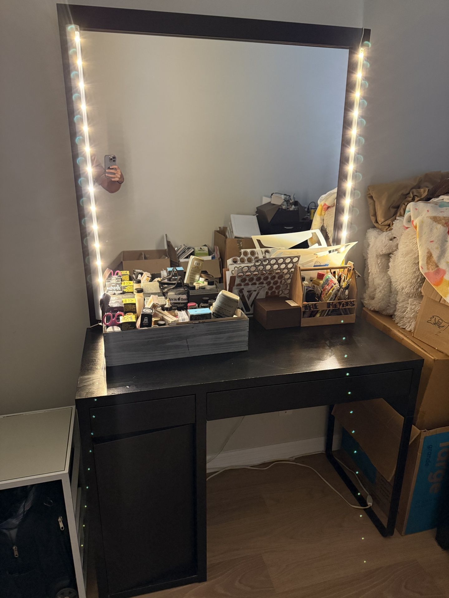 Black brown Wood Vanity LED Lights 2 Drawers and a Cabinet Storage Make up Table