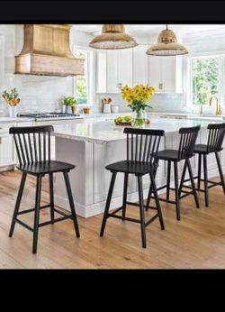 (4pcs) Black Windsor Wooden 24 inch Counter Height Barstools with Spindle Back