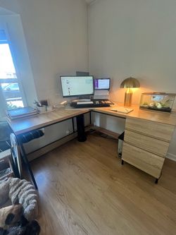 L-Shaped Corner Desk with Drawers and stand sturdy riser