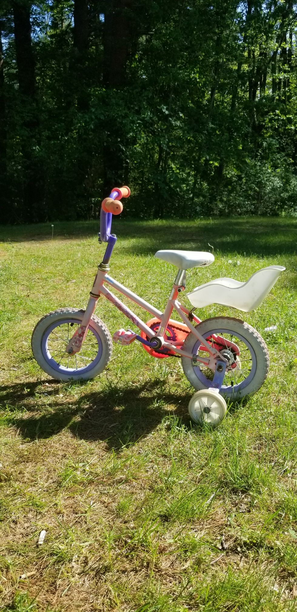 12 1/2" Girls Sparkle Pink Bike With Training Wheels & Doll Seat