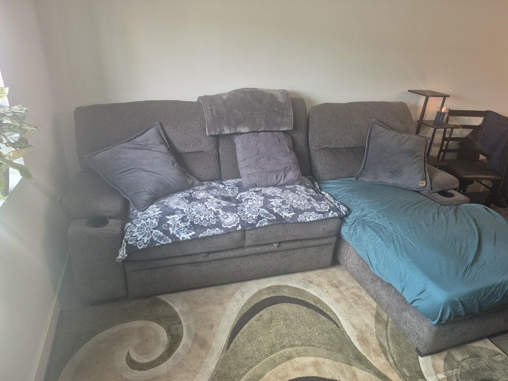 Sectional Gray Couch With Pull Out Bed, Storage & Cup Holders