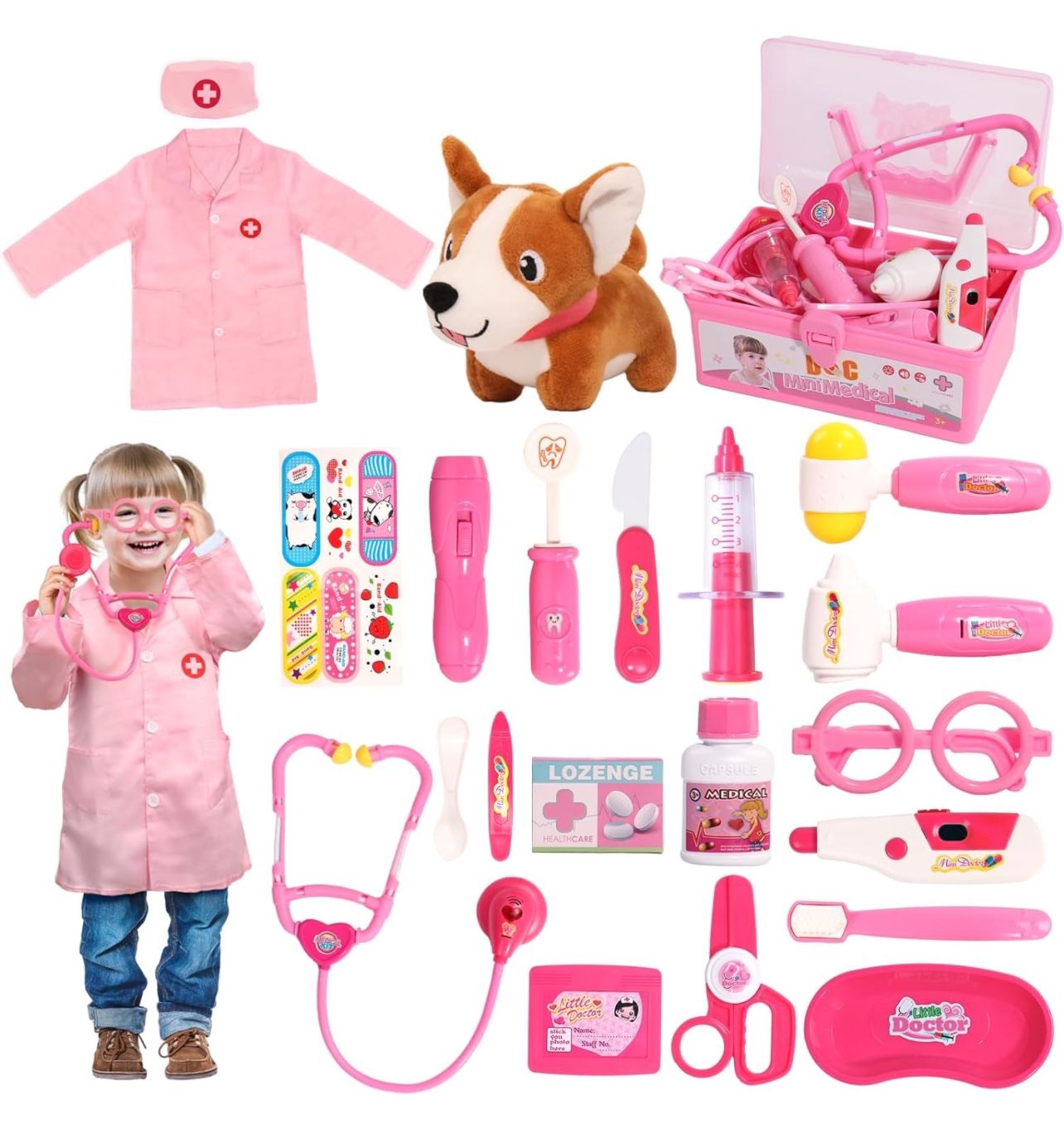 Doctor Kit Toys for Toddlers Ages 2-4 3-5 Girls, Vet Set with Dog Toys for 3 4 5 Year Old Girls Pretend Play, Kids Dentist Doctor Set Dress Up Costume