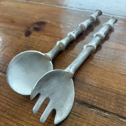 VTG 1996 Mariposa Heavy Cast Aluminum Salad Serving Utensils Bamboo Pattern