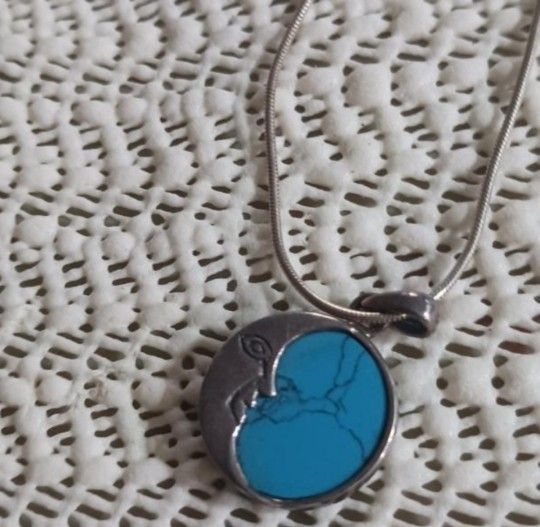 Vintage Sterling Silver Moon Turquoise Pendant on Silver Chain