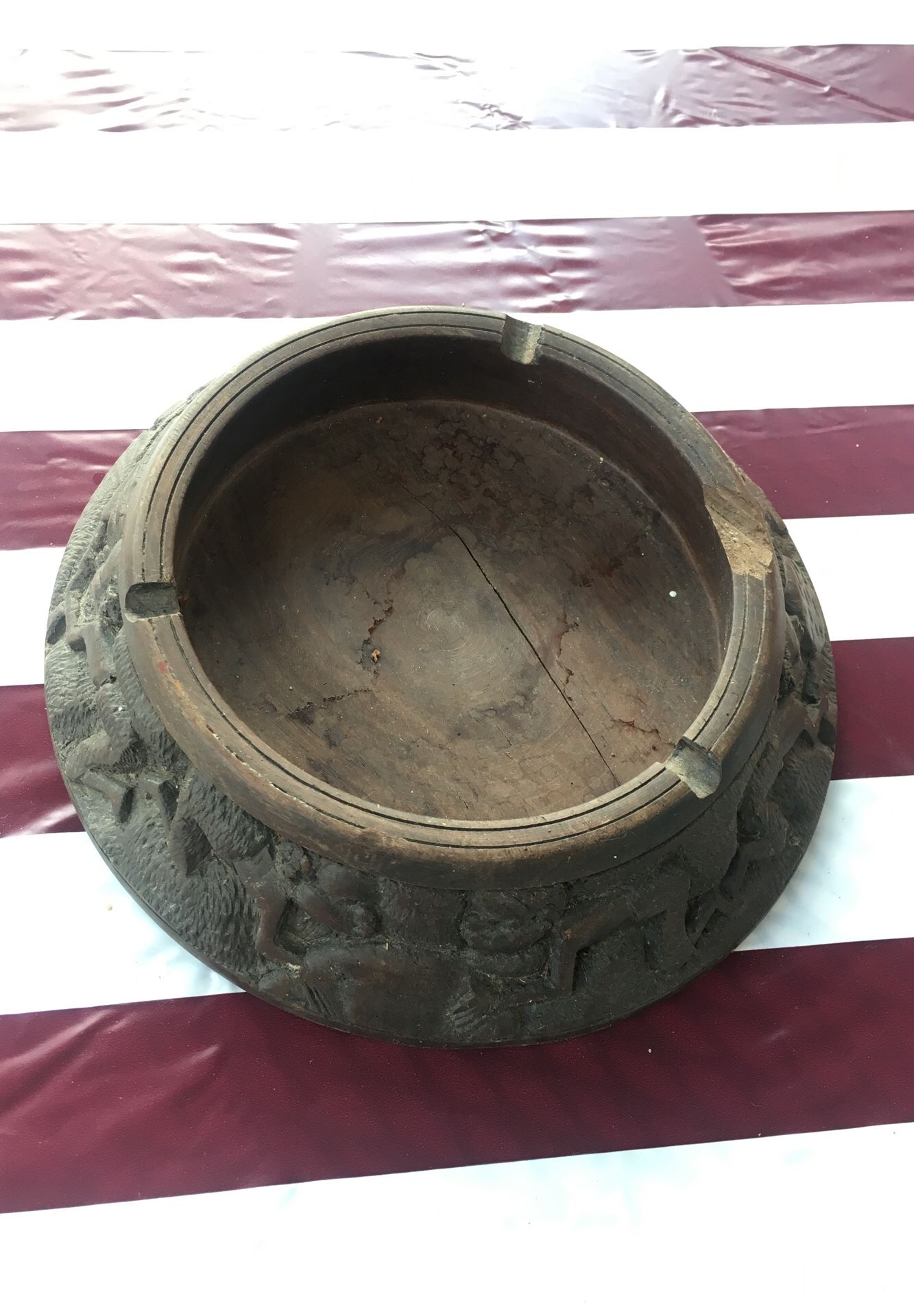 Antique wooden ashtray with carvings