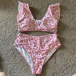 Ruffle Pink Leopard High Waist Bikini suit Size M