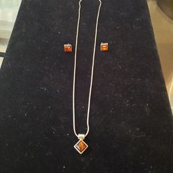 Sterling Silver Necklace with Sterling Silver Charm with Amber  and  Sterling Silver Earrings with Amber 