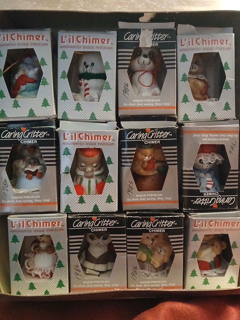 12 VINTAGE 1980'S PORCELAIN CARING CRITTER CHIMERS CHRISTMAS ORNAMENTS