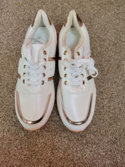 White and Rose Gold Lace-Up Sneakers. size 8.5