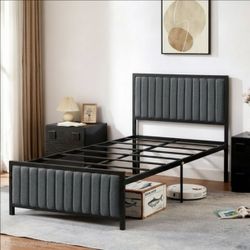 Twin Size Metal Platform Bed Frame, Modern Upholstered Tufted Headboard and Footboard, No Box Spring Needed, Gray, NEW