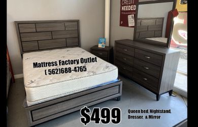 Queen set on sale now !! Dresser mirror nightstand and Queen size bed frame