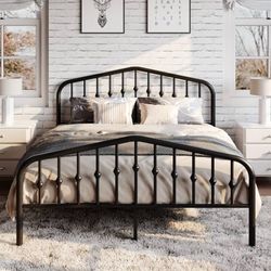 Full Size Metal Platform Bed Frame with Victorian Style Wrought Iron-Art Headboa