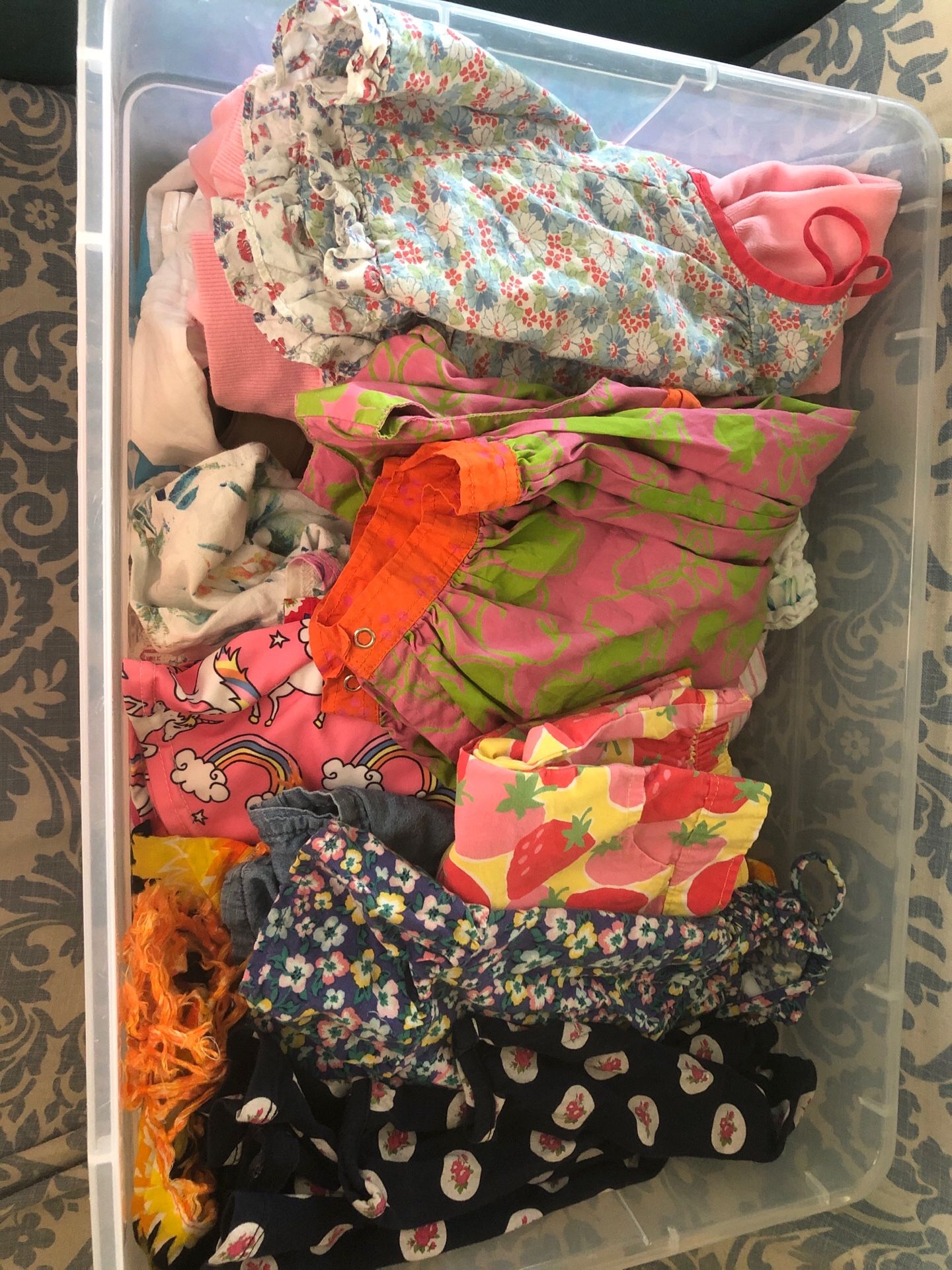 Bin full of toddler girl clothes baby to 5t mixed clothing rompers dresses shorts skirts overalls vintage and modern