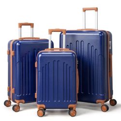 3-Piece Hardside Luggage Set (20/24/28 Inch) with TSA Locks, Curved Vertical Stripes ABS Suitcase Blue