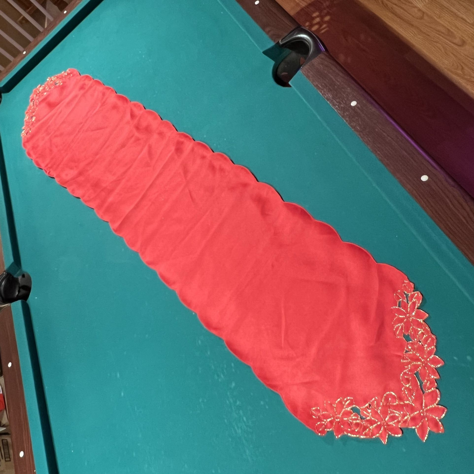 Solid Red Table Runner With Embroidered Gold Trim Accents