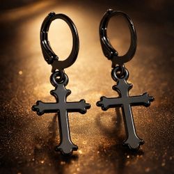 Black Cross Pendant Drop Earrings Unisex Men Women Casual Vintage
