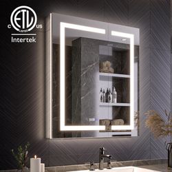 30"x36" Medicine Cabinet Mirror, LED Lighted Medicine Cabinet with Electrical Outlet＆USB, 5X Magnifier, Soft Close Door, Anti-Fog, 3 Colors Temperatur