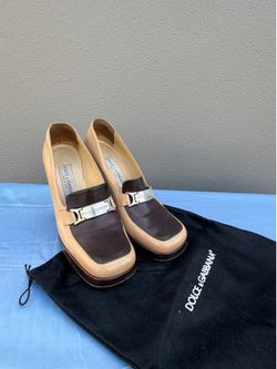 Women’s Beige Brown Leather Colorblock Square Toe Pumps 9
